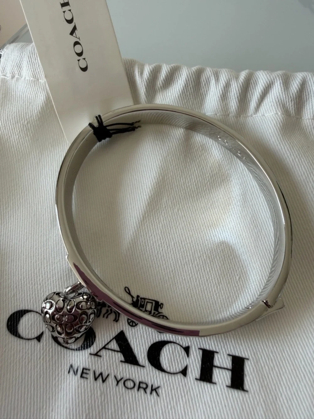 Coach Silver Heart Monogram Charm Bangle Hinge Bracelet